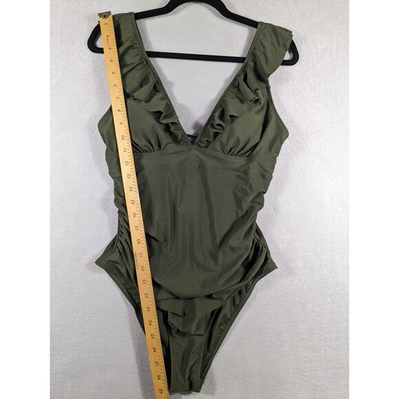 NWT Cupshe Swim Suit Women's Large Dark Sage Green One Piece Ruffle Tie Closure - Picture 7 of 12